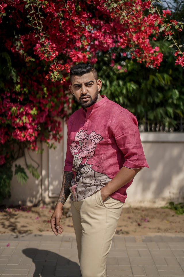 Floral Pothead (Pure Linen Kurta Style Shirt) - AddysForMen®️