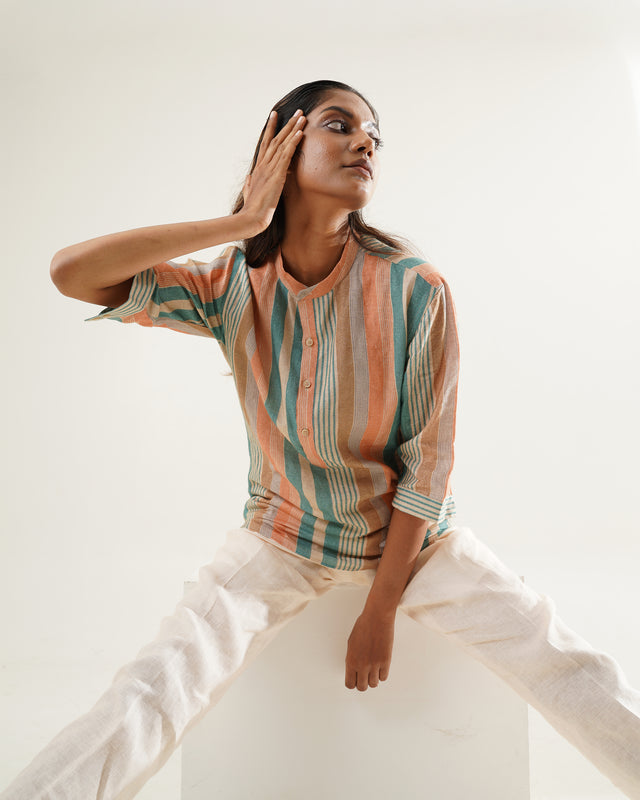 Multicolor Luxurious (Pure Linen Kurta Style Shirt) - AddysForMen®️