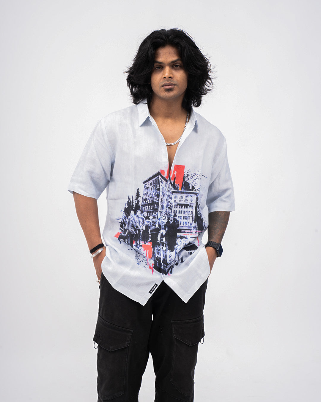 Urban Sketch Pure Satin Linen Short Sleeve Shirt