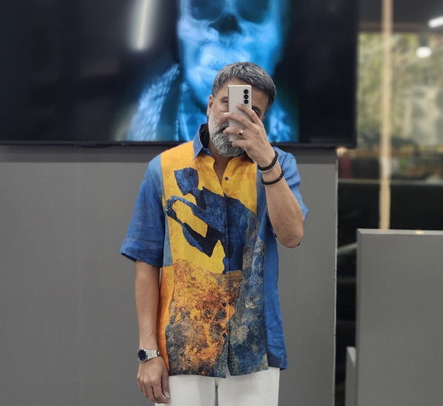Abstract Cerulean & Amber Mural Digital Print Pure Linen Resort Shirt