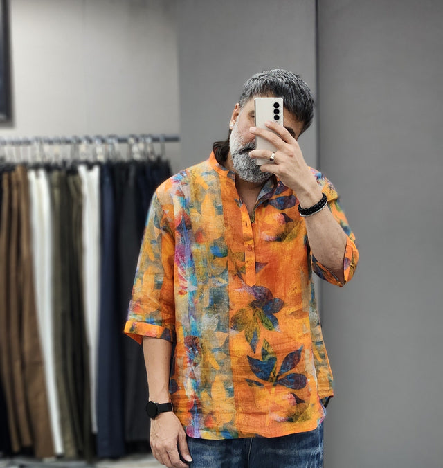 Amber Sunset Watercolor Leaf Digital Print 3/4-Sleeve Pure Linen Kurta Shirt
