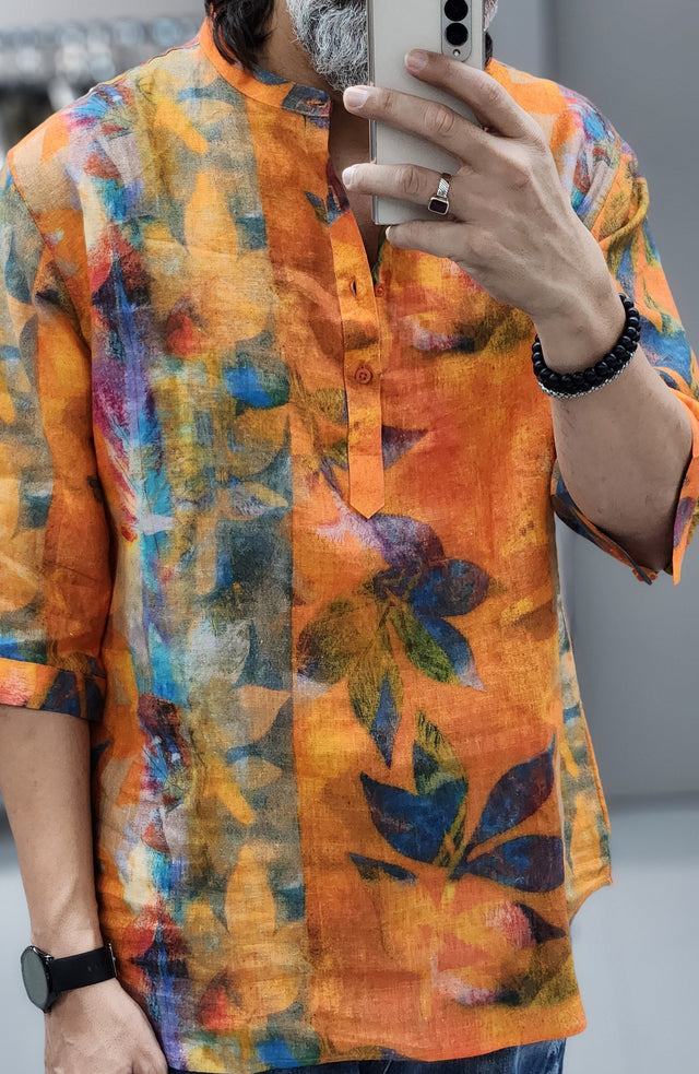 Amber Sunset Watercolor Leaf Digital Print 3/4-Sleeve Pure Linen Kurta Shirt