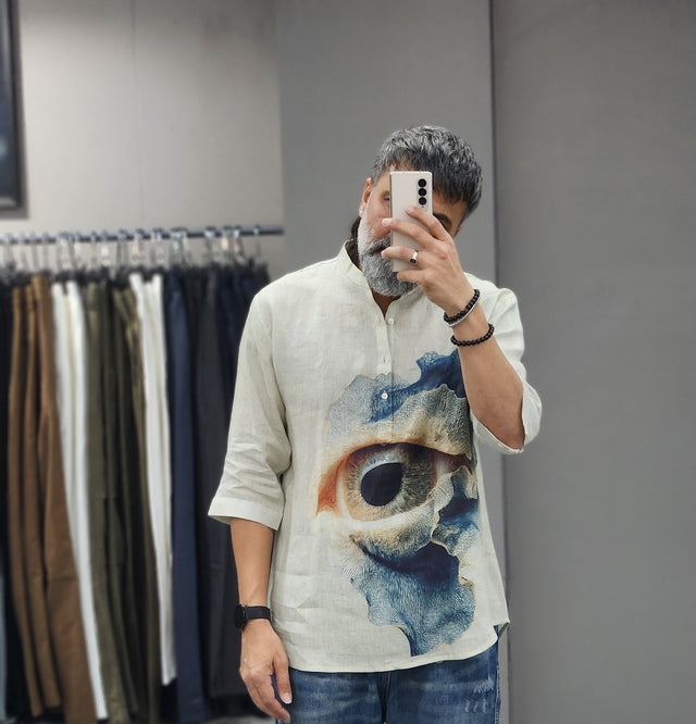 Surrealist Eye Graphic Digital Print 3/4-Sleeve Pure Linen Kurta Shirt