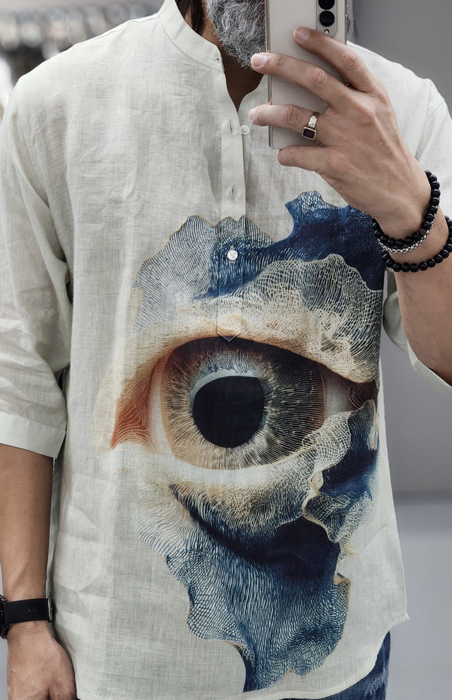 Surrealist Eye Graphic Digital Print 3/4-Sleeve Pure Linen Kurta Shirt