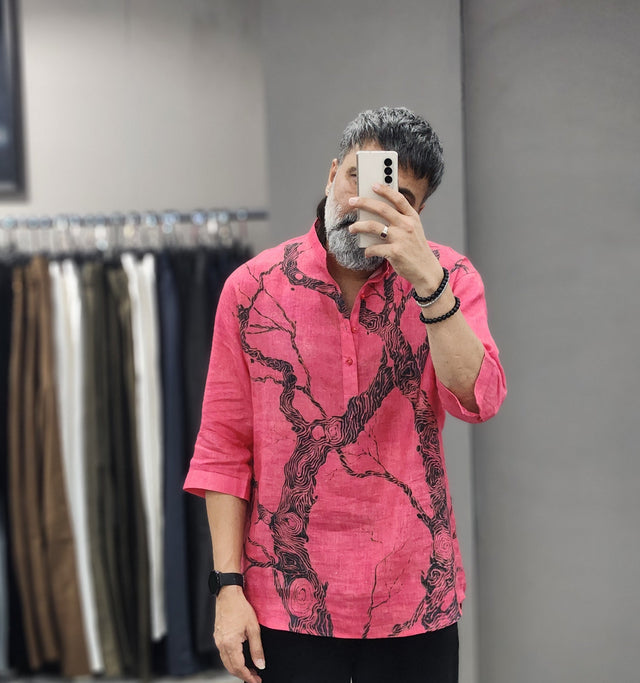 Dusty Rose Pink & Black Tree Digital Print Pure Linen 3/4 Sleeve Short Kurta