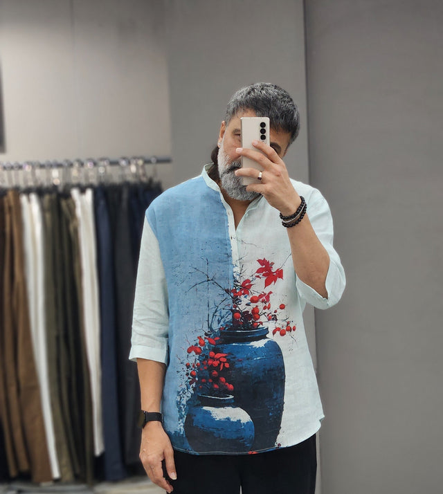 Oriental Ceramic Vase & Crimson Floral Digital Print 3/4-Sleeve Linen Shirt