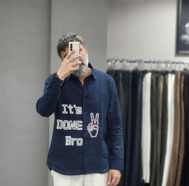 Midnight Navy "It's Done Bro" Hand Khatli Beaded Pop Linen Shirt