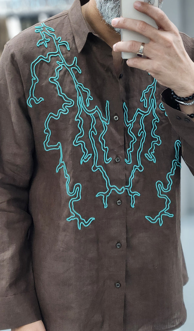 Dark Brown Pure Linen Long Sleeve Shirt with Hand-Embroidered Turquoise Khatli Work
