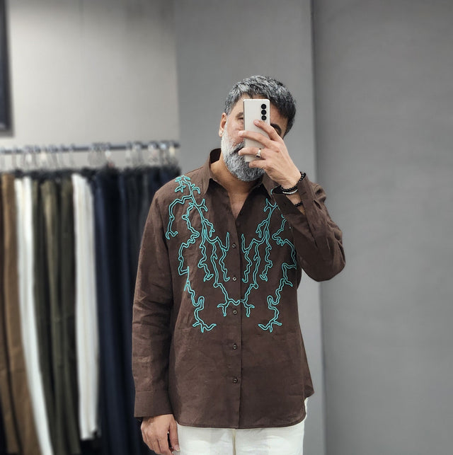 Dark Brown Pure Linen Long Sleeve Shirt with Hand-Embroidered Turquoise Khatli Work