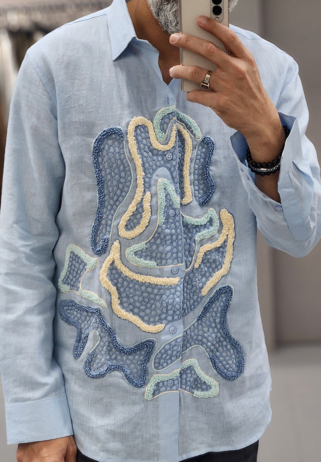 Light Blue Pure Linen Long Sleeve Shirt with Hand-Embroidered Work