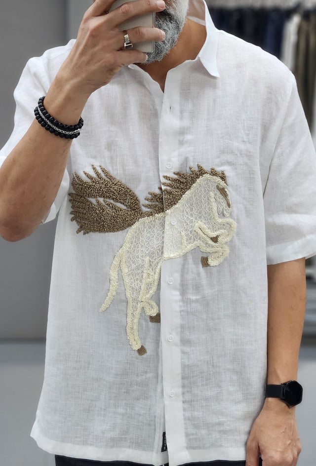 Pure White Rearing Pegasus French Knot Hand Threadwork Pure Linen Shirt
