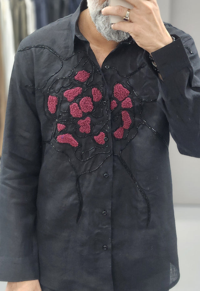 Jet Black French Knot & Beaded Abstract Coral Hand Khatli Pure Linen Shirt