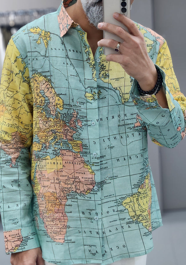Vintage Cartography World Map Digital Print Pure Linen Shirt