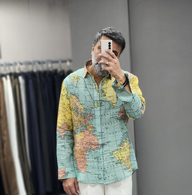 Vintage Cartography World Map Digital Print Pure Linen Shirt