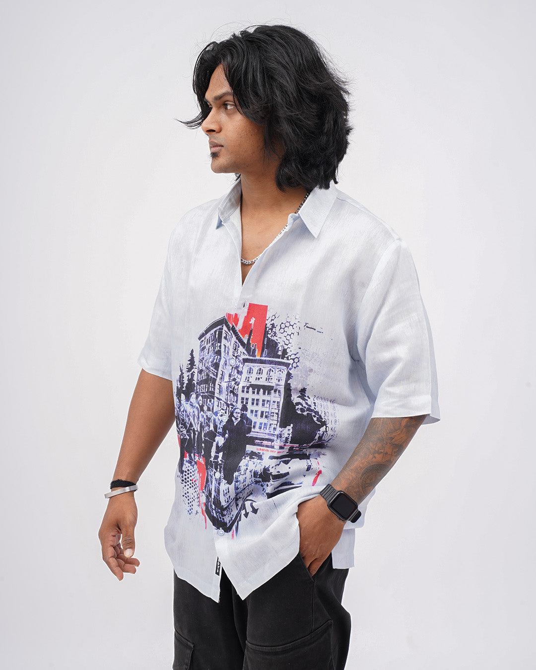 Urban Sketch Pure Satin Linen Short Sleeve Shirt