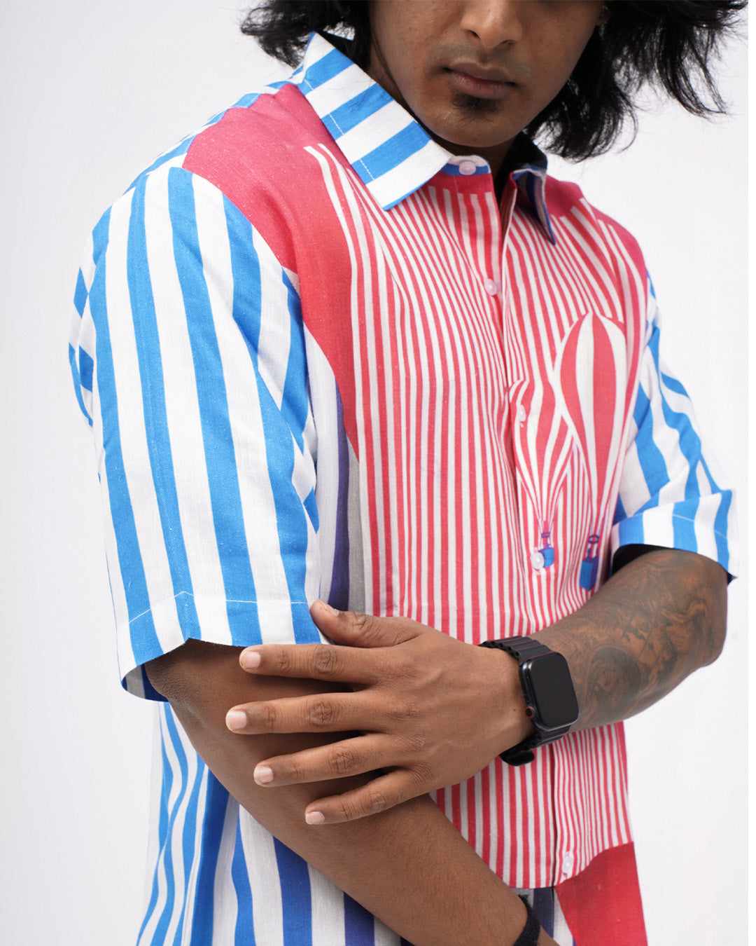 Striped Voyage Pure Satin Linen Short Sleeve Shirt