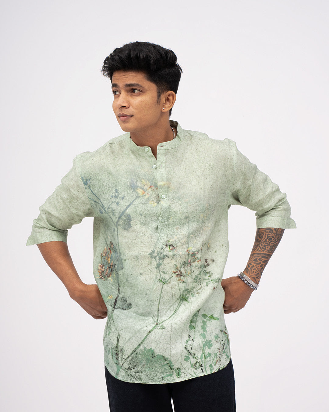 Botanical Breeze (Pure Linen 3/4 Sleeve Kurta Style Shirt) - AddysForMen®️