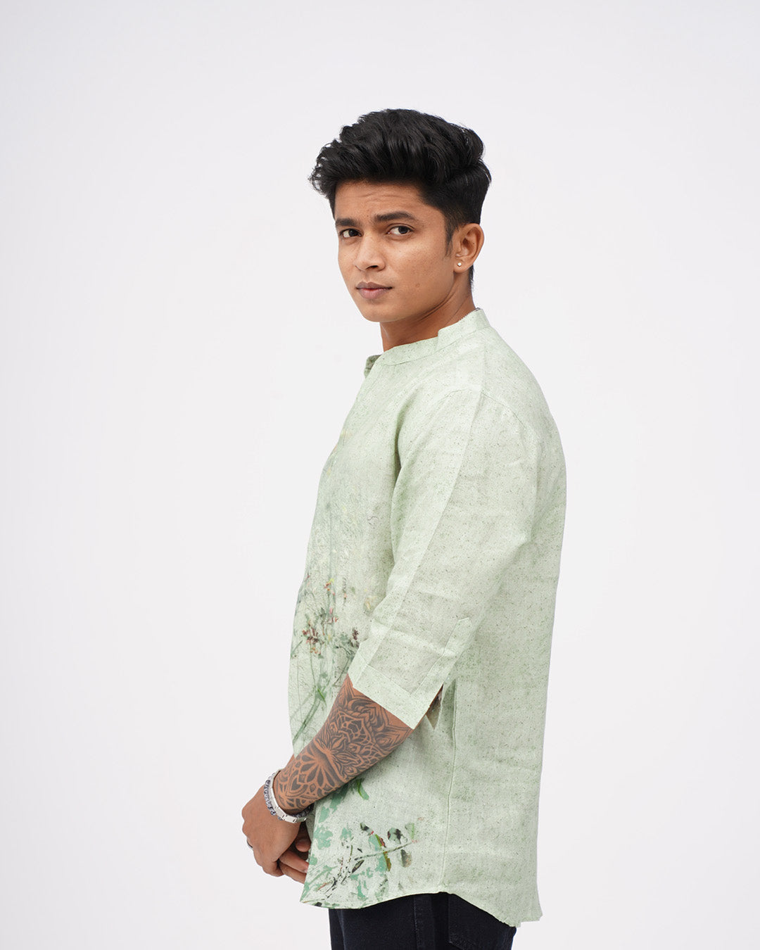 Botanical Breeze (Pure Linen 3/4 Sleeve Kurta Style Shirt) - AddysForMen®️