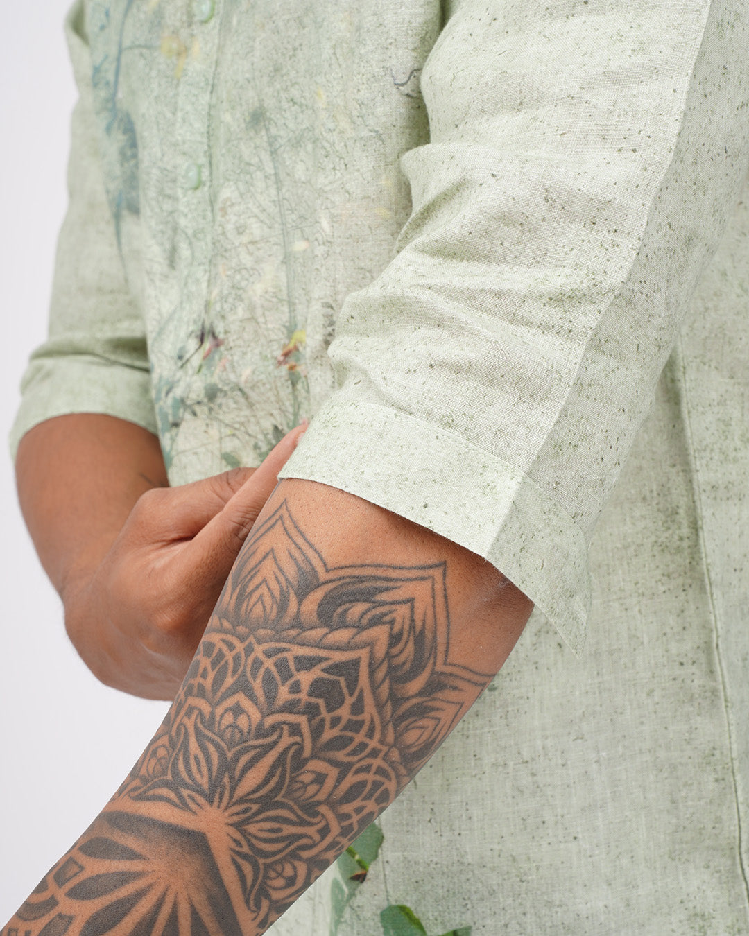 Botanical Breeze (Pure Linen 3/4 Sleeve Kurta Style Shirt) - AddysForMen®️