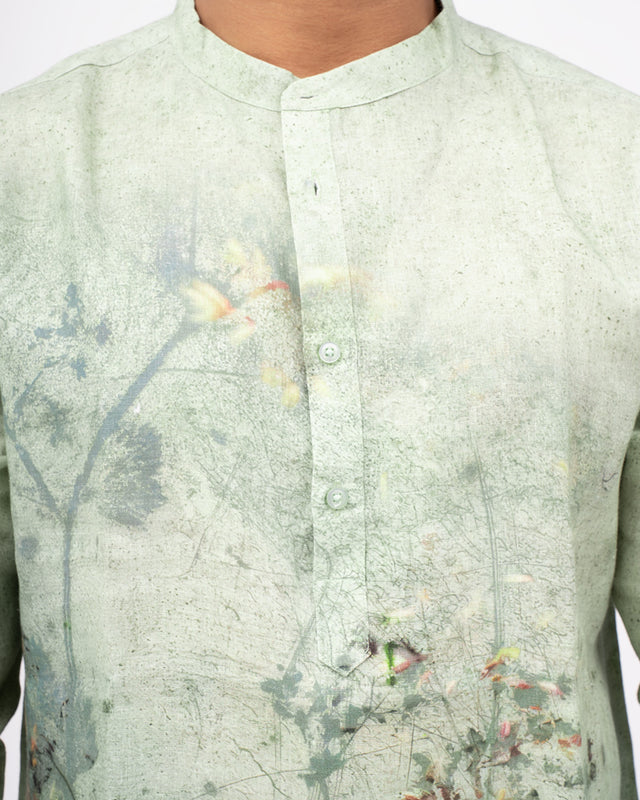 Botanical Breeze (Pure Linen 3/4 Sleeve Kurta Style Shirt) - AddysForMen®️