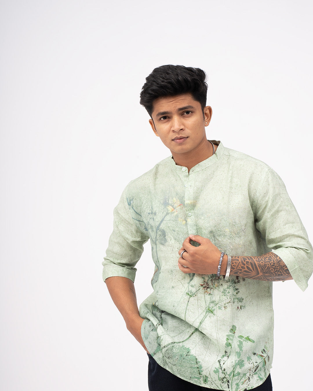 Botanical Breeze (Pure Linen 3/4 Sleeve Kurta Style Shirt) - AddysForMen®️