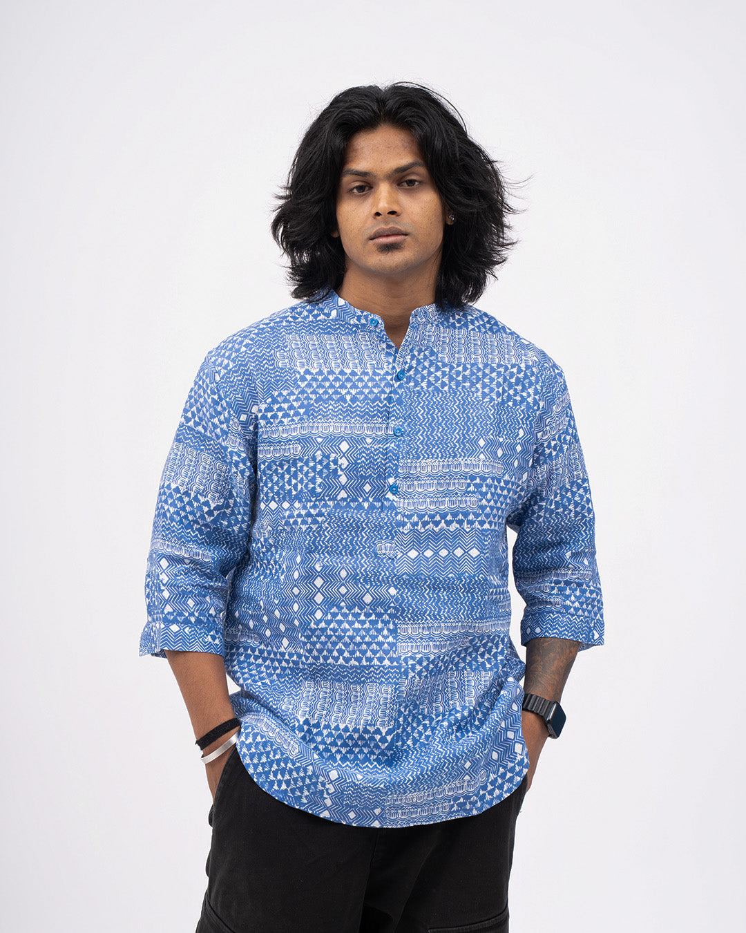 Indigo Tapestry (Pure Linen 3/4 Sleeve Kurta Style Shirt) - AddysForMen®️