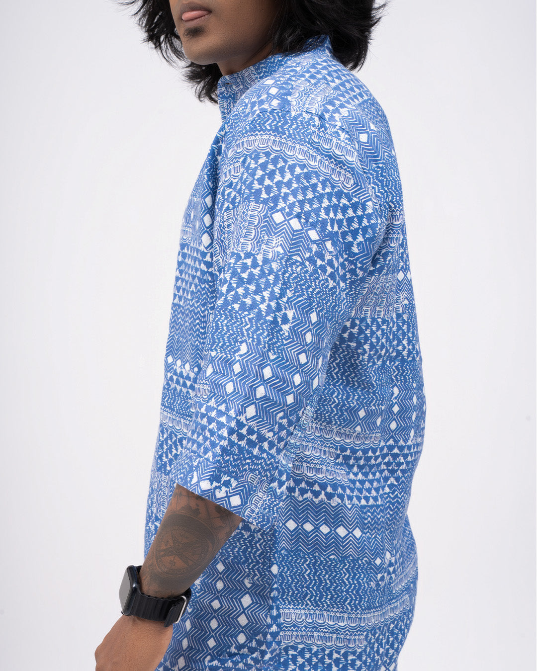 Indigo Tapestry (Pure Linen 3/4 Sleeve Kurta Style Shirt) - AddysForMen®️