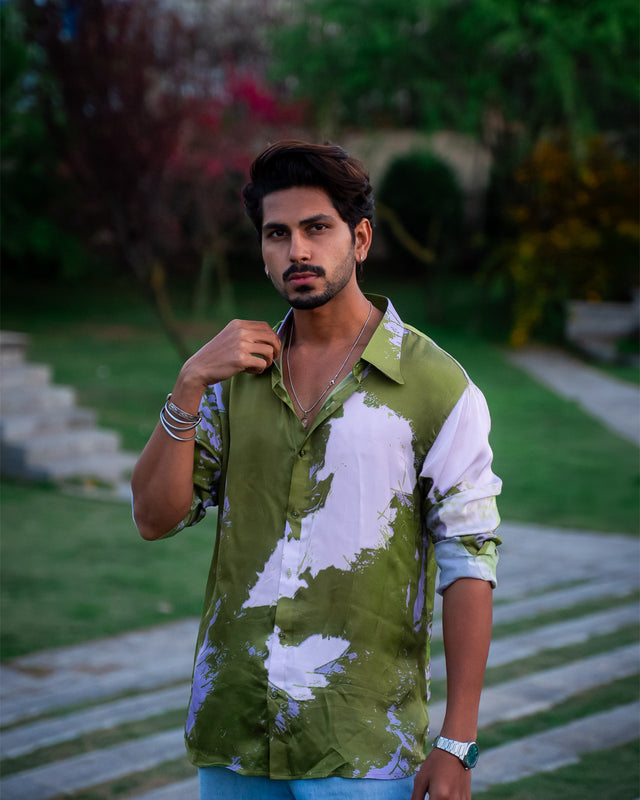 Green Splash Pure Bemberg Satin Full Sleeve Shirt