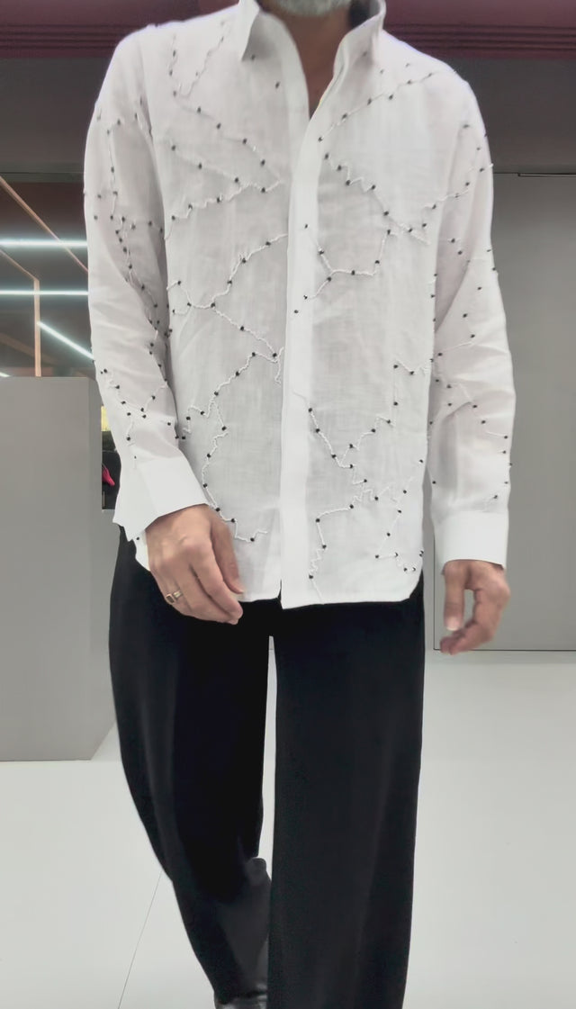 Pure White Constellation Beaded Lattice Hand Khatli Linen Shirt