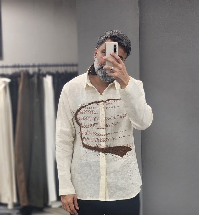 Off-White Ivory Terracotta Kantha & Beadwork Pure Linen Shirt