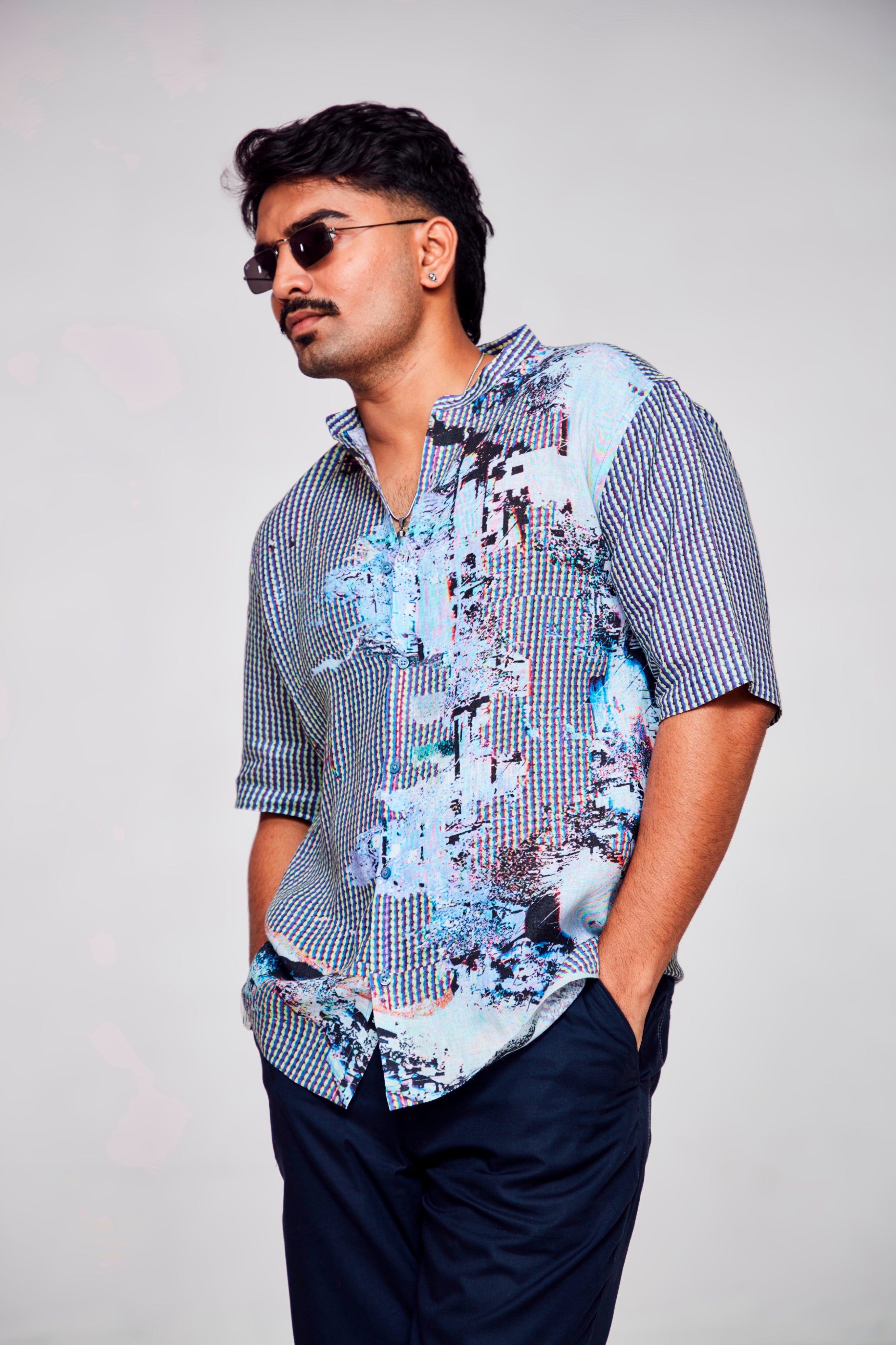 Cyber Navigator : Boundless Worlds through the Screen - Pure Linen Short Sleeve Shirt