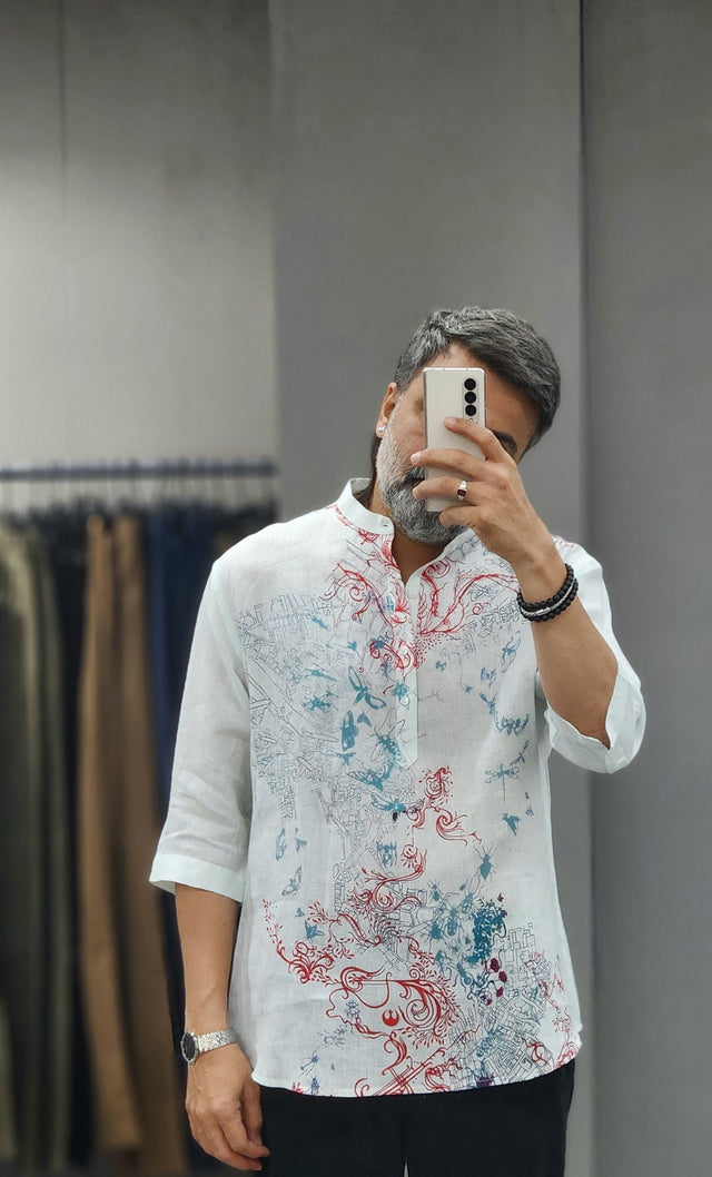 Crimson & Teal Filigree Digital Print Pure Linen 3/4 Sleeve Kurta Shirt