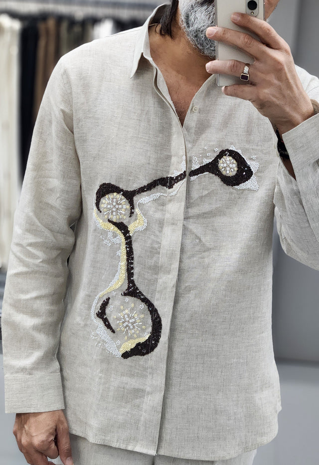 Natural Beige Linen Shirt with Beaded & Sequins Abstract Artwork