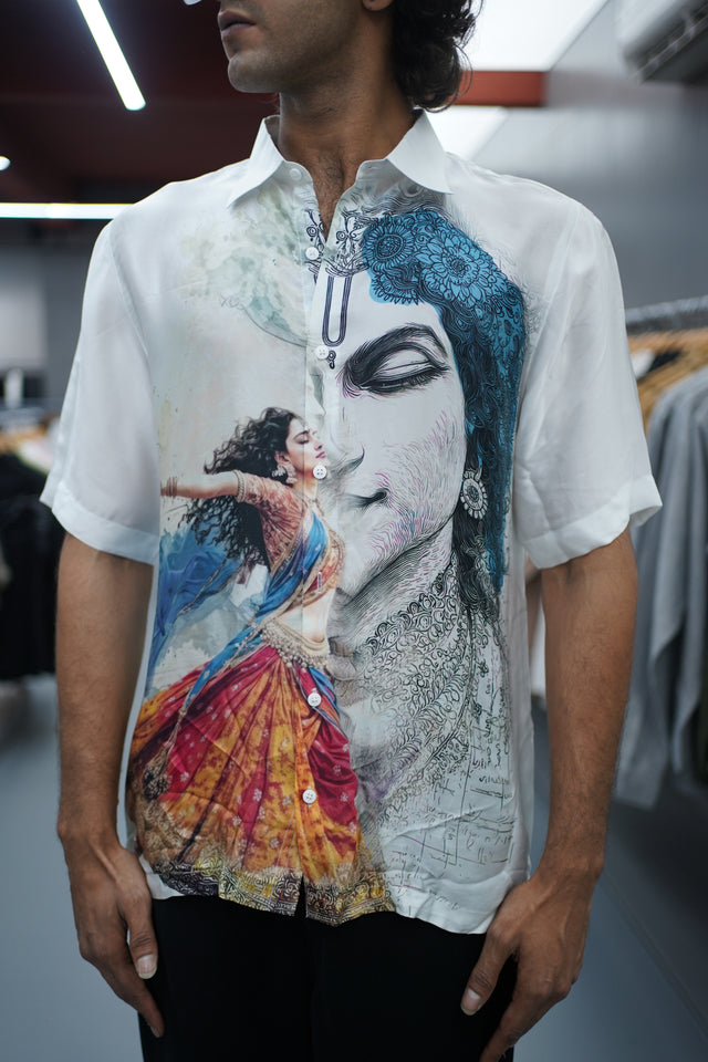 The Divine Union: Radha Krishna Digital Pure Bemberg Satin Short Sleeve Shirt - AddysForMen®️