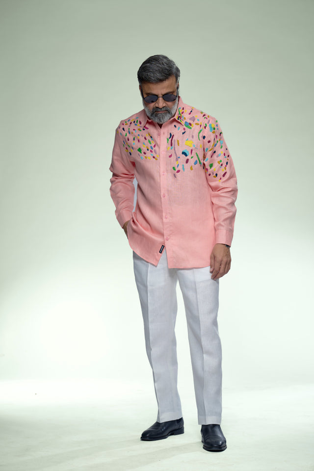 Corner Masterpiece : 9-Hour Front & Back Corner Hand Embroidered Pure Linen Full Sleeve Shirt - AddysForMen®️