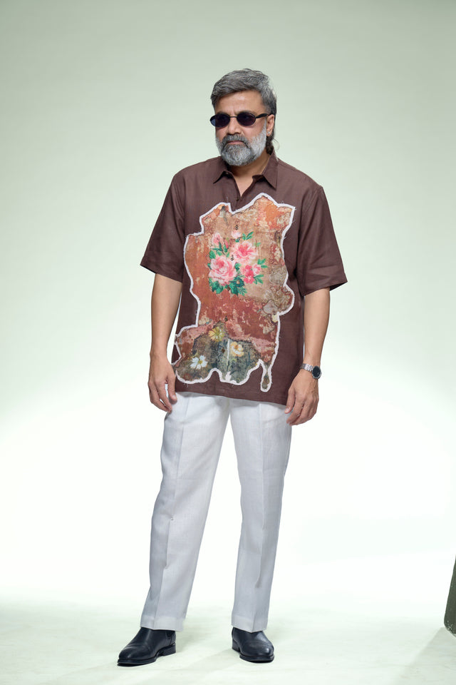 Artistic Floral Patch Pure Linen Designer Short Sleeve Shirt - AddysForMen®