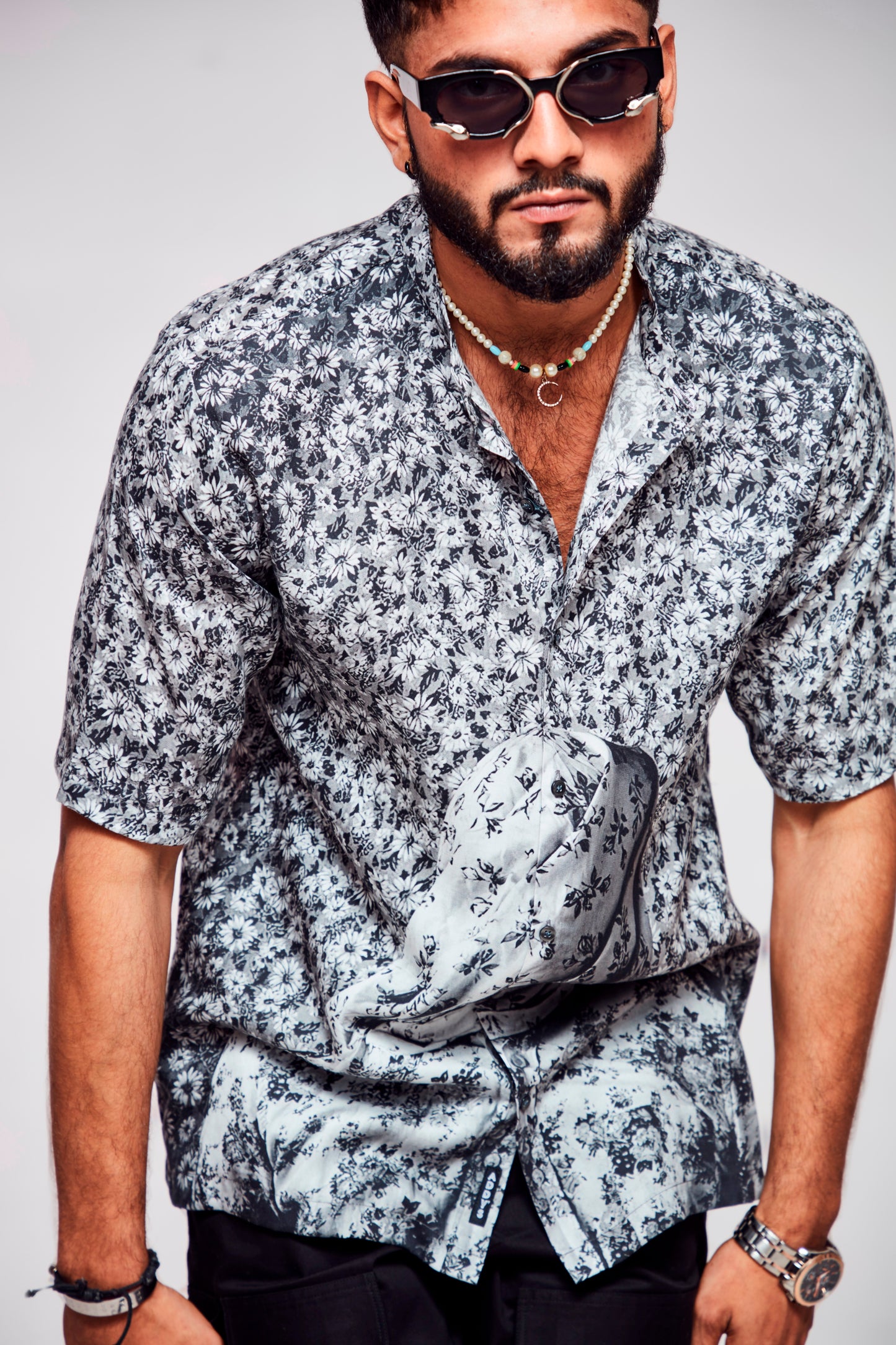 Floral Fusion : Covered Man Embracing Nature's Delight - Pure Tencel Sation Short Sleeve Shirt