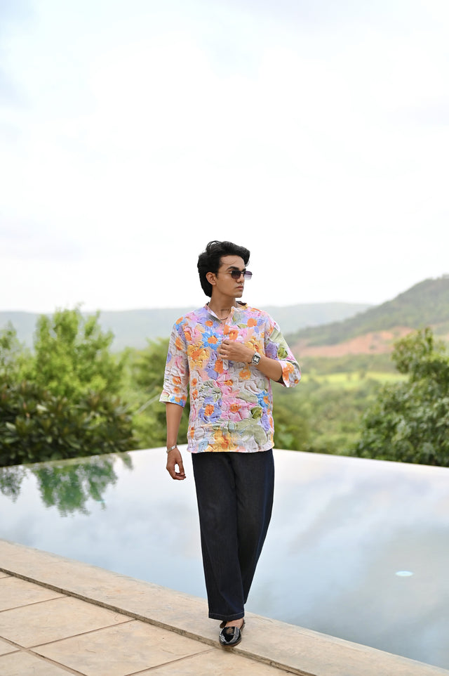 "Botanical Bliss : Vibrant Floral Paradise Blooms - 3/4 Sleeve Kurta Style Shirt"