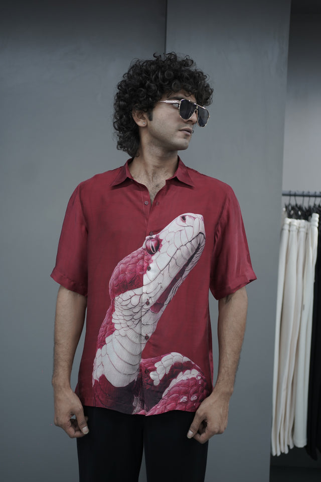 The Viper Luster: Snake Digital Print Pure Bemberg Satin Short Sleeve Shirt - AddysForMen®️
