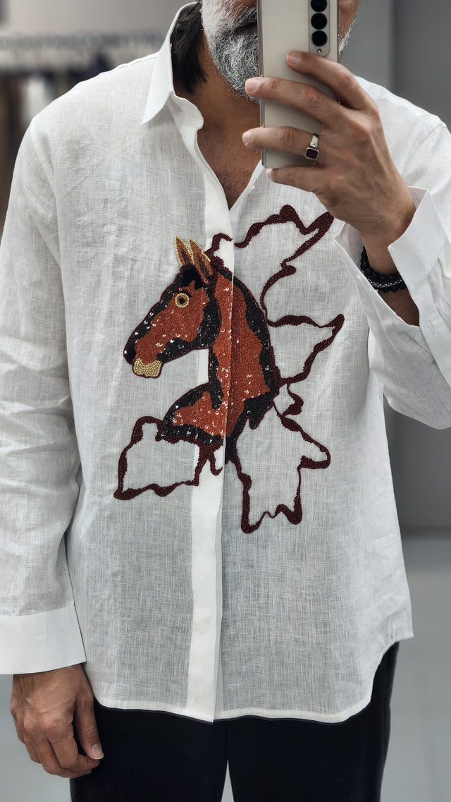 Pure White Majestic Stallion Sequin & Bead Embroidered Pure Linen Shirt