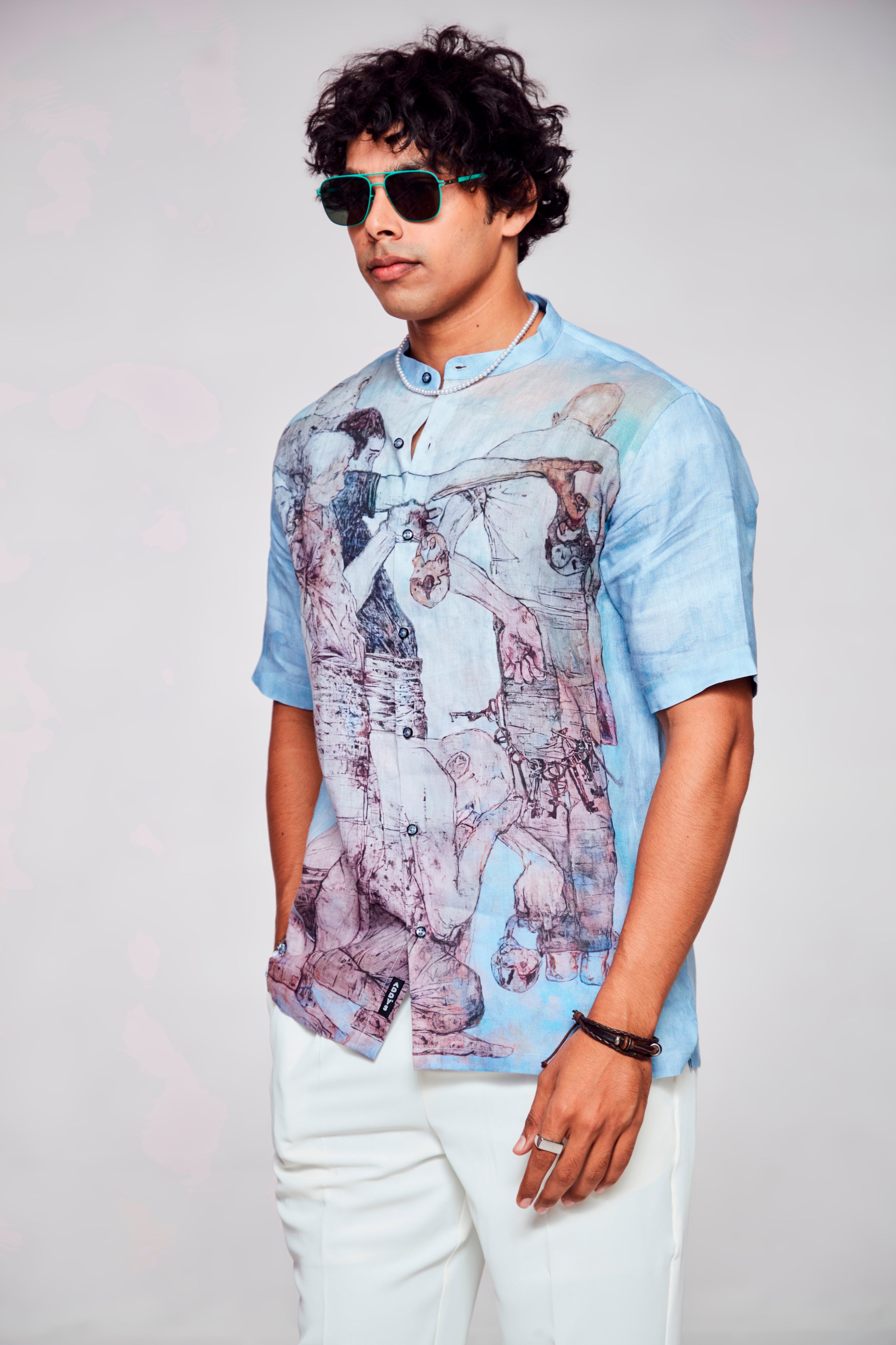 Artistic Expression : Vibrant Display of Wearable Creativity - Pure Linen Short Sleeve Shirt