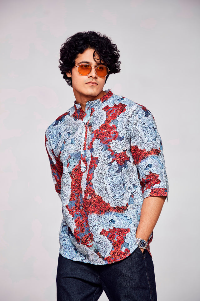 Dreamscape Reverie : Ethernal Imagery Weaves Magic -  3/4 Sleeve Pure Linen Kurta Style Shirt