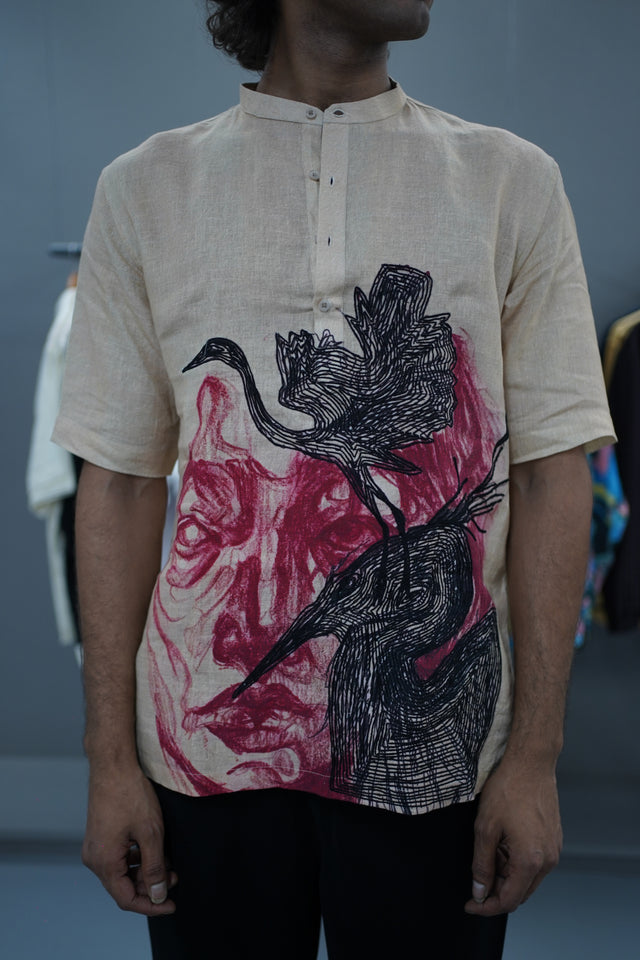 The Ethereal Escape: Hand-Embroidered with Digital Print Pure Linen Kurta Style Shirt - AddysForMen®️