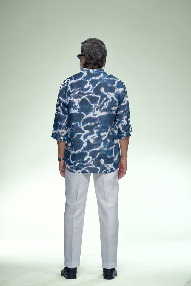Contemporery Indigo Pure Linen 3/4 Sleeve Kurta Style Shirt - AddysForMen®️
