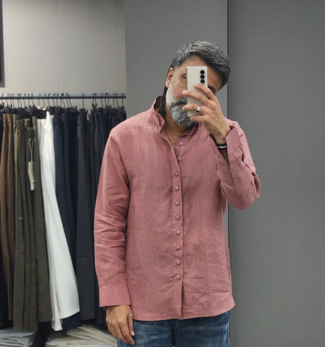Dusty Rose Loop-Button Pure Linen Mandarin Shirt