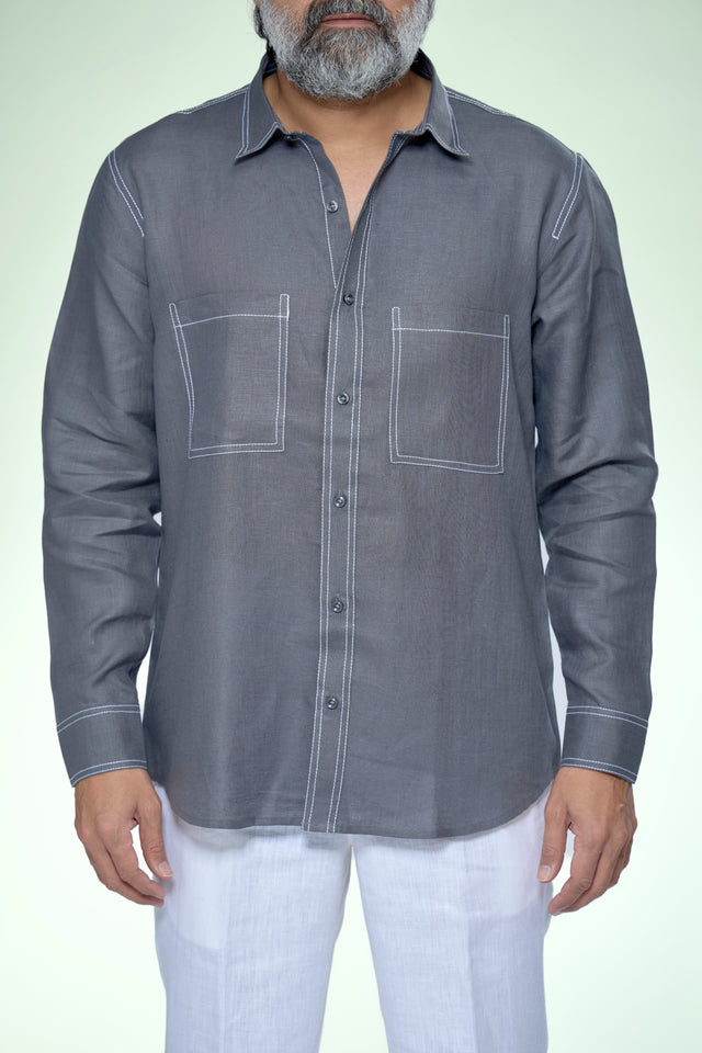 Modern Minimal Highlight Stitch Pure Linen Shirt - AddysForMen®