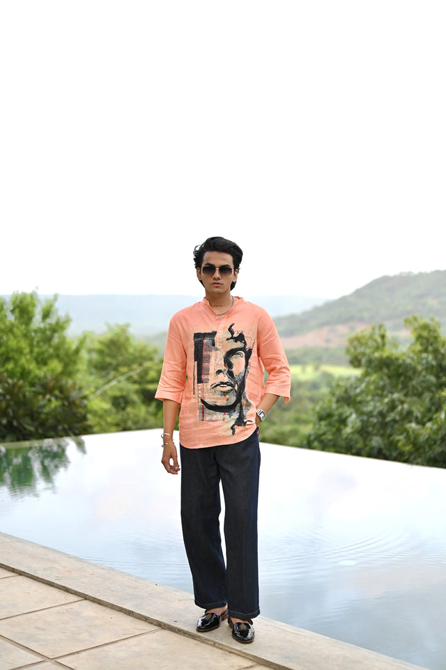 "Radiant Finesse : Youthfull Energy with an Orange 3/4 Sleeve Kurta Style Shirt"