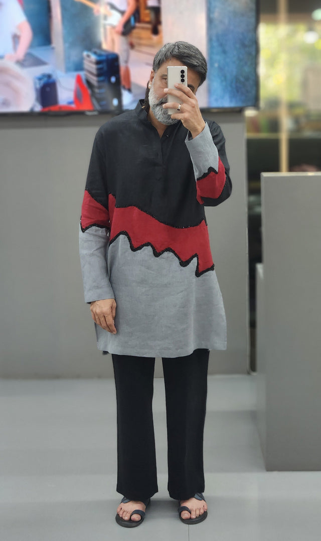 Charcoal, Crimson & Slate Wave Patchwork Hand Khatli Linen Kurta