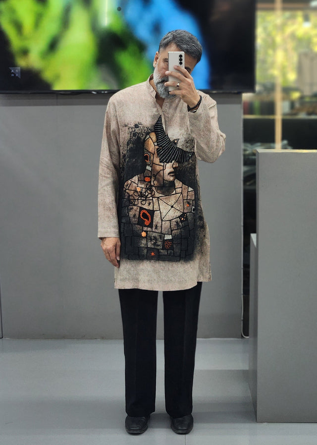 Sepia Stone Cubist Digital Print Portrait Hand Khatli Pure Linen Kurta