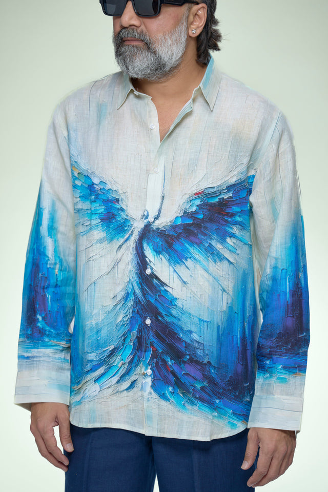 Azure Phoenix Impasto Art Pure Linen Full Sleeve Shirt - AddysForMen®